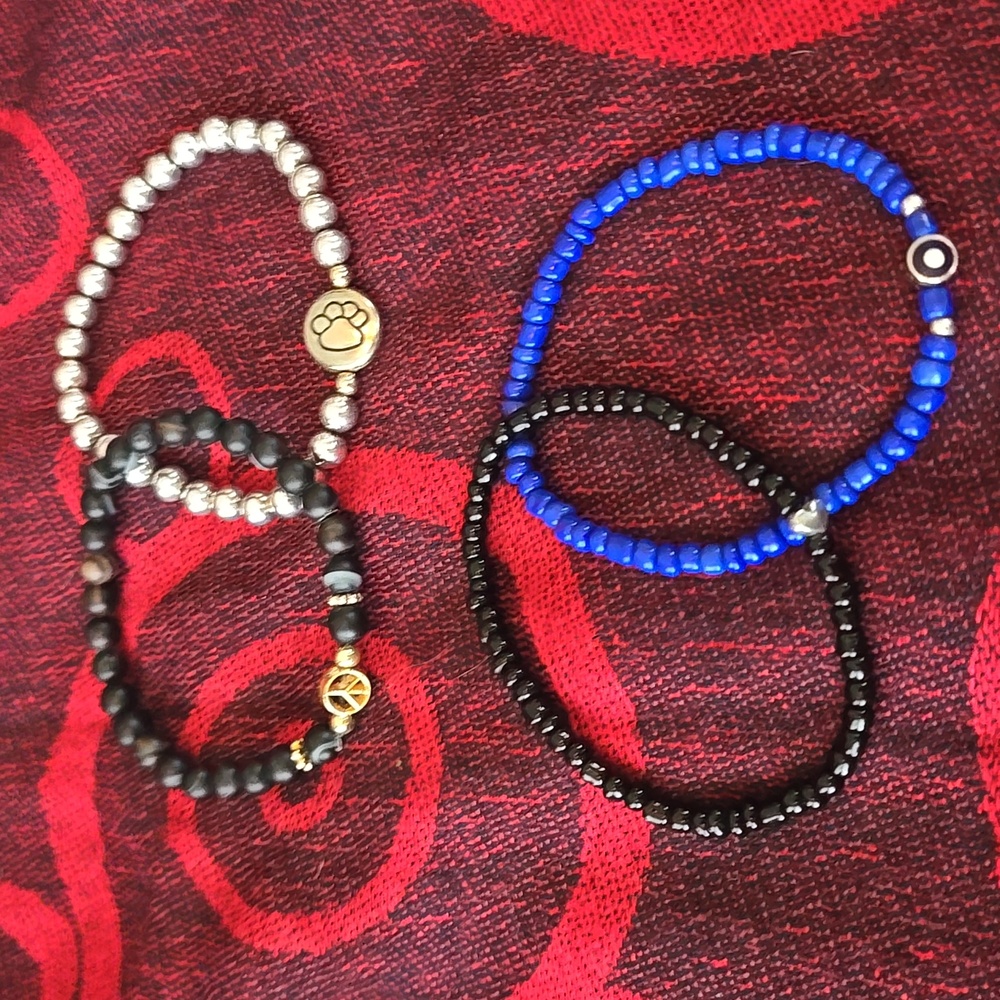 4 Crafted stretch bead Bracelets with Paw, Heart, Evil Eye Protect, Peace Charms